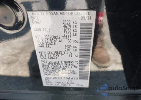 2015 Nissan Rogue Sl from USA, damaged, VIN 5N1AT2MV3FC764425